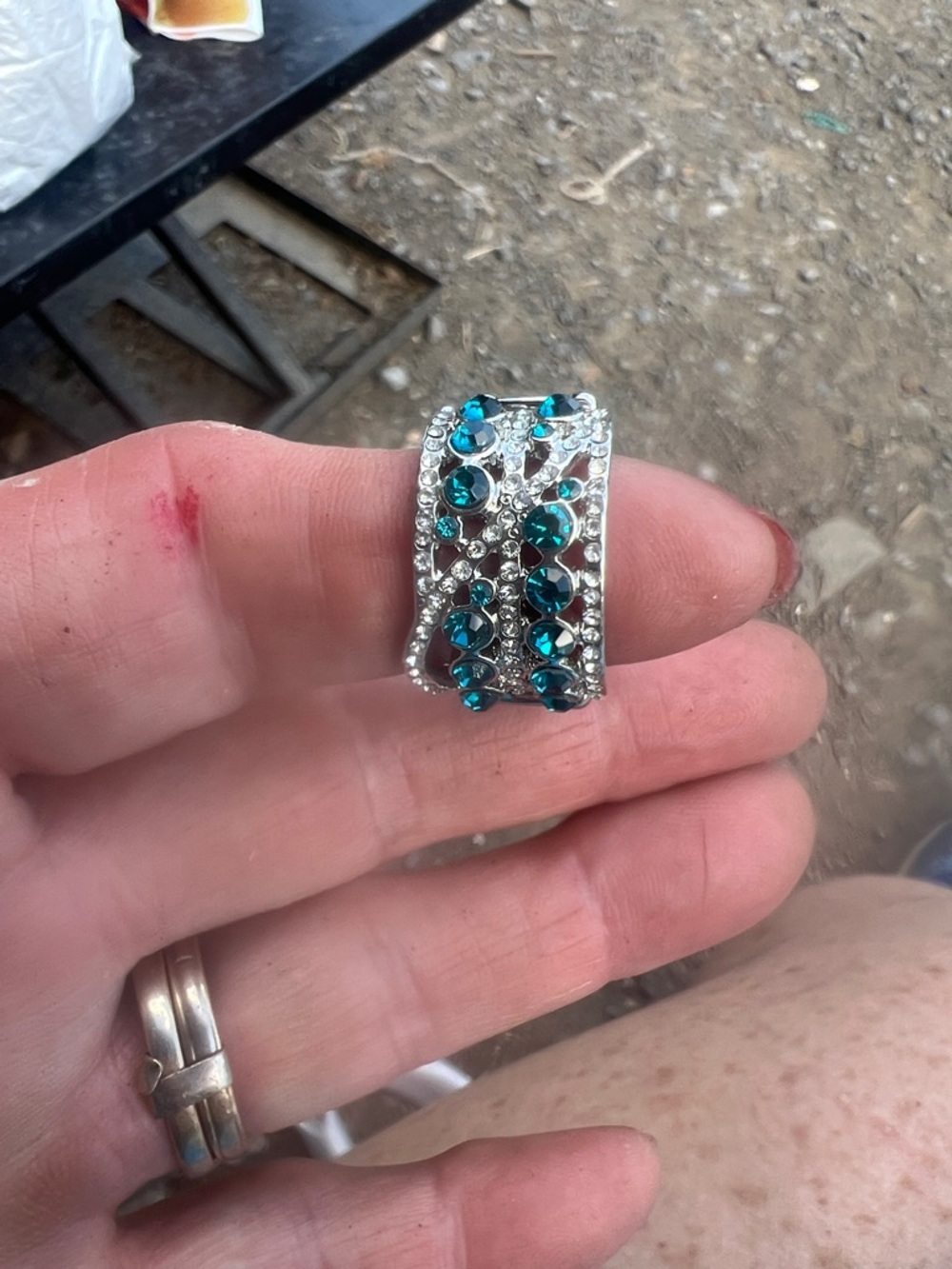 Source Unknown Silver Ring with Teal Gemstone Accents